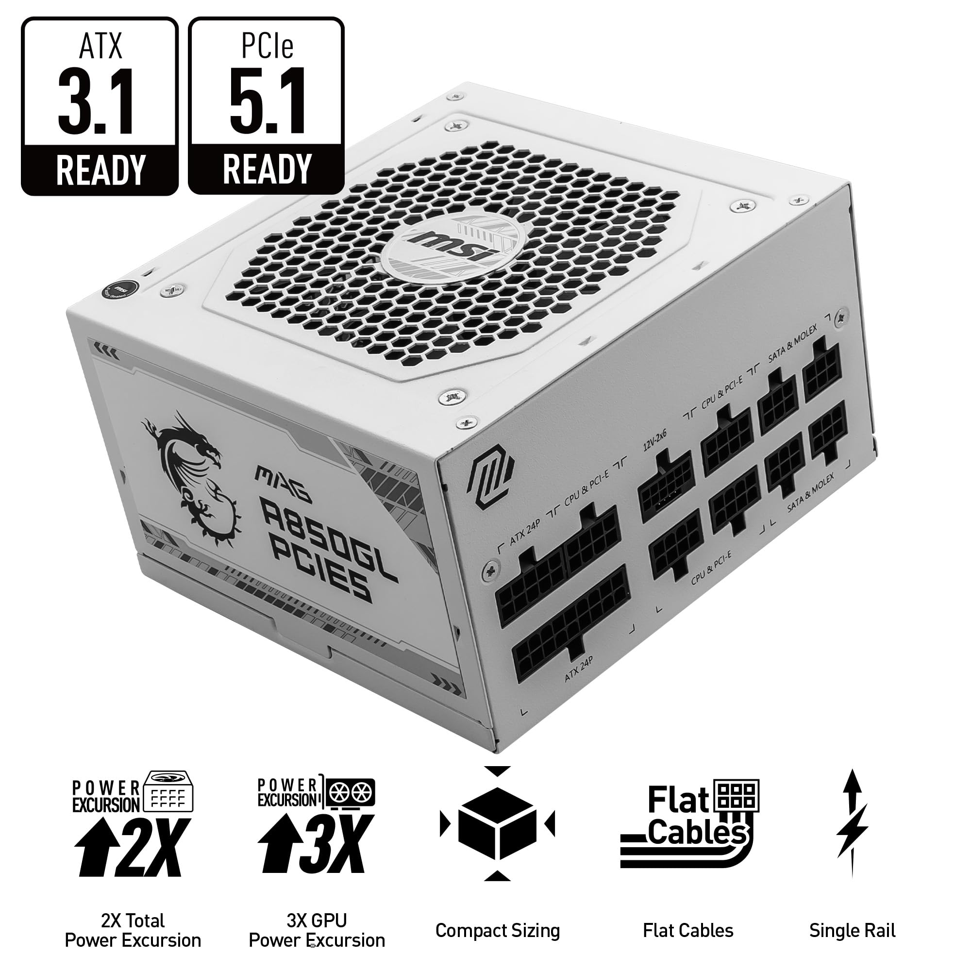 MSI MPG A1000G PCIE5 Power Supply Unit, UK Plug - 1000W, 80 Plus Gold Certified, Fully Modular ATX 3.0, PCIe 5.0 GPU Support, Japanese 105°C Capacitors, 0% RPM Mode, Flat Cables - 10 Year Warranty