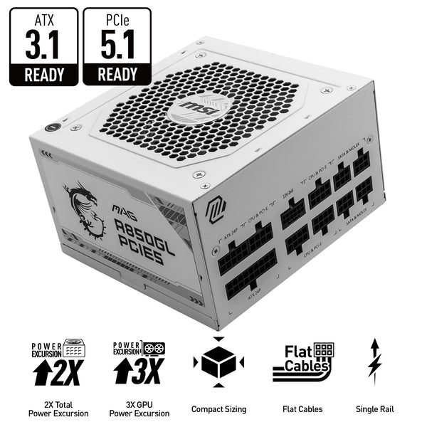 MSI MPG A1000G PCIE5 Power Supply Unit, UK Plug - 1000W, 80 Plus Gold Certified, Fully Modular ATX 3.0, PCIe 5.0 GPU Support, Japanese 105°C Capacitors, 0% RPM Mode, Flat Cables - 10 Year Warranty