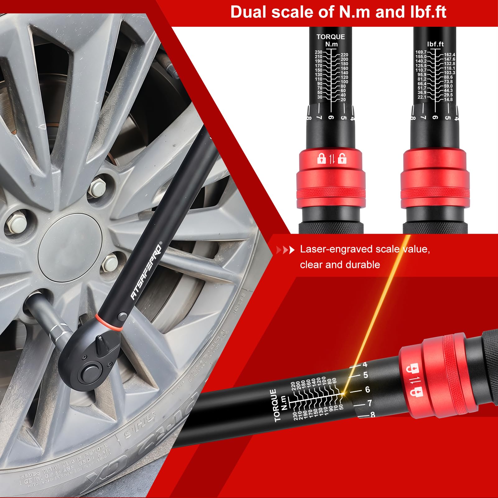 ATsafepro Torque Wrench 3/4 Inch, 100-600 Nm Torque Wrenchs, ±3% Error Accuracy with 48 Teeth Dual-Direction Adjustable for Repair of Car, Truck, Tractor