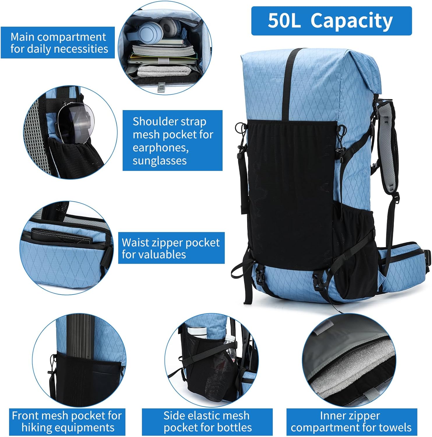 POWER KING 40L Expandable TO 50L Hiking Backpack,Upgraded X-PAC Scratch-proof Lightweight Large Rucksack for Mens Women, Outdoor Roll Top Camping Packsack, Fit for 15.6'' Laptop