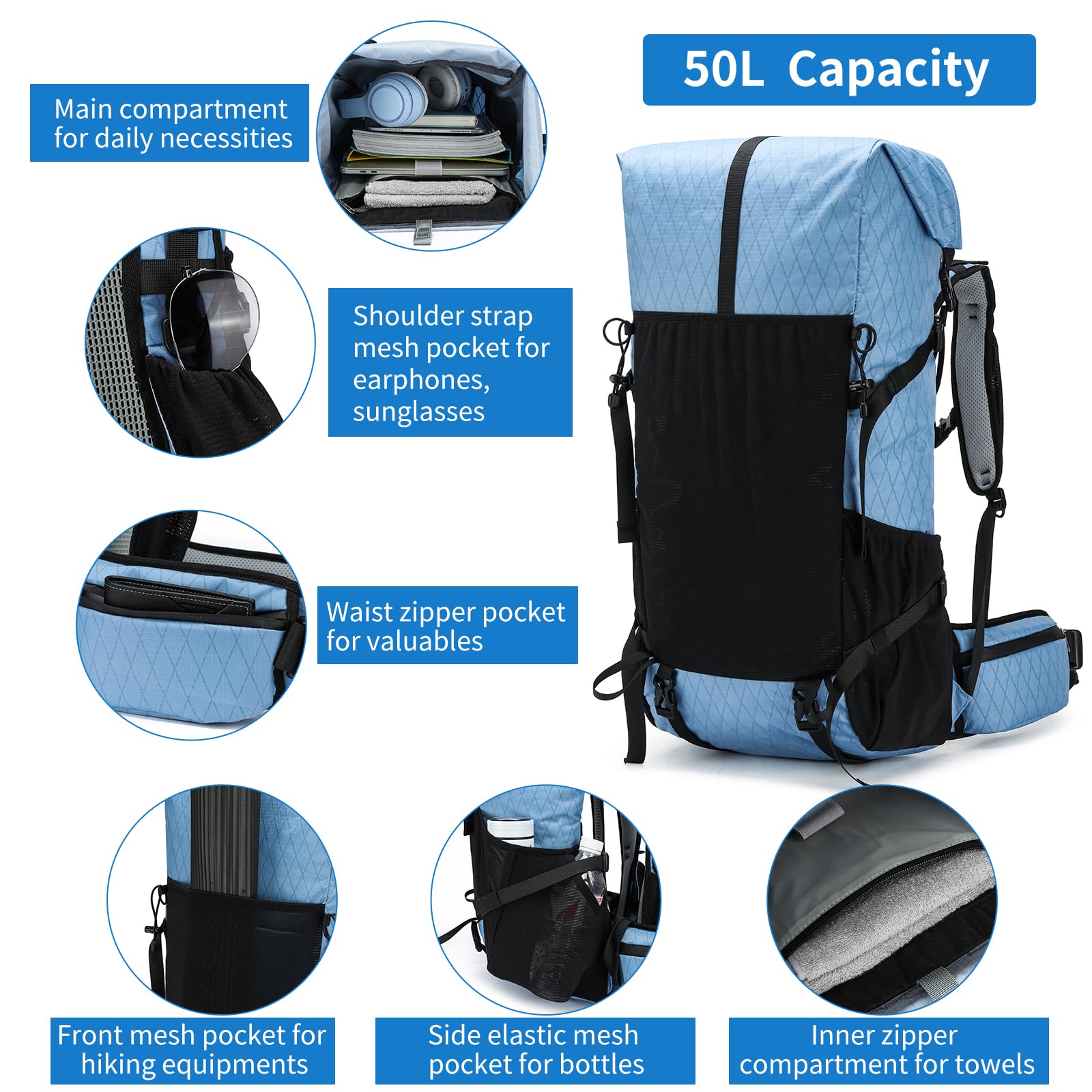 POWER KING 40L Expandable TO 50L Hiking Backpack,Upgraded X-PAC Scratch-proof Lightweight Large Rucksack for Mens Women, Outdoor Roll Top Camping Packsack, Fit for 15.6'' Laptop