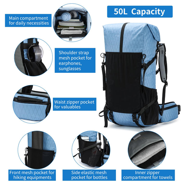 POWER KING 40L Expandable TO 50L Hiking Backpack,Upgraded X-PAC Scratch-proof Lightweight Large Rucksack for Mens Women, Outdoor Roll Top Camping Packsack, Fit for 15.6'' Laptop