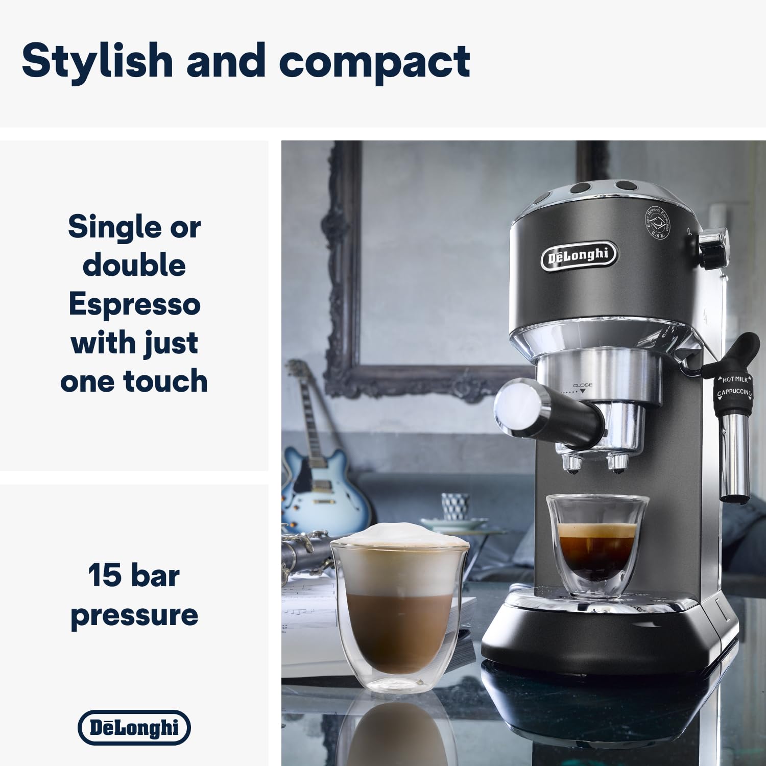 De'Longhi Dedica Style, Traditional Pump Espresso Machine, Coffee and Cappuccino Maker, EC685M, Silver