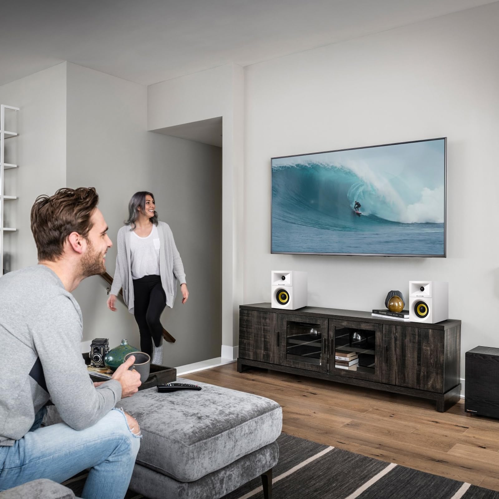 Sanyun SW203 4.0 Computer Speakers - 60W 4-Way DSP Control 3D Immersive Sound - 3" Carbon Fiber Woofer & 20mm Silk Dome Tweeter - 24bit DAC USB/Bluetooth 5.4/AUX - Studio-Grade Audio (Pair, Black)