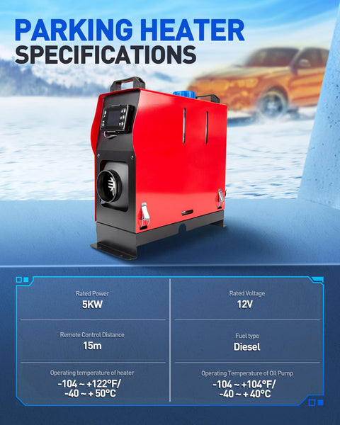 ShockFlo 12V 5KW Diesel Air Heater, All in One Parking Heater Kit with Remote Control, Silencer and LCD Display, Fast Heating, for RV Truck, Motorhomes, Boat, Bus, Car Trailer, Caravans