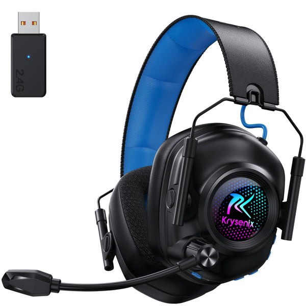 Krysenix KGH2 Wireless Gaming Headset for PS5, PS4, PC, Switch, 2.4GHz Bluetooth Wireless Headphones with Mic, Gaming & Music Dual Mode, ENC, Foldable, Cool LED, 40+ Hrs Battery, White Black