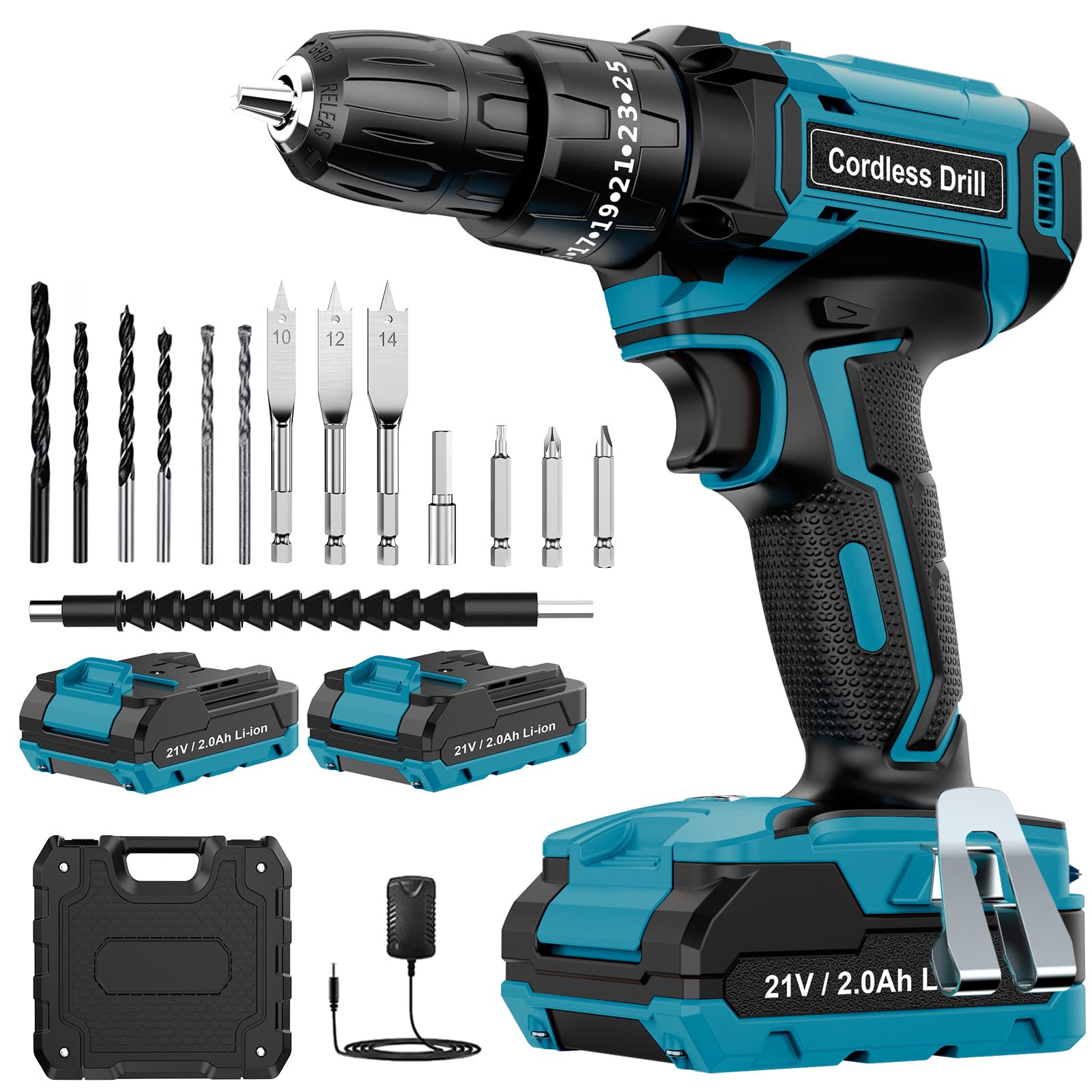 MHPRO Cordless Drill, Power Drill Brushless 21V, Cordless HammerDrill with 2 Batteries 2000mAh, 20+3 Torque, 45N.m Max DrillSet, LED Light, 2 Speed, 14PCS Accessories for Home and Garden DIY Project