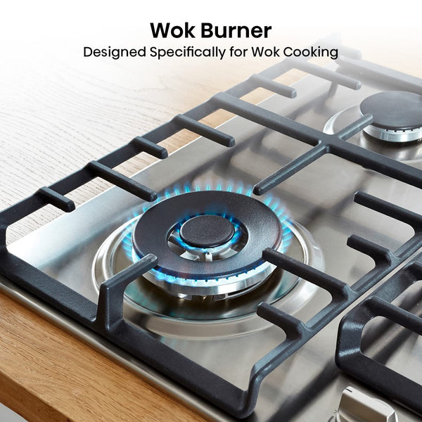 Hisense GM773XF 75cm 5 Burners Built-in Gas Hob with Easy Clean Surface, Wok Burner - Stainless steel