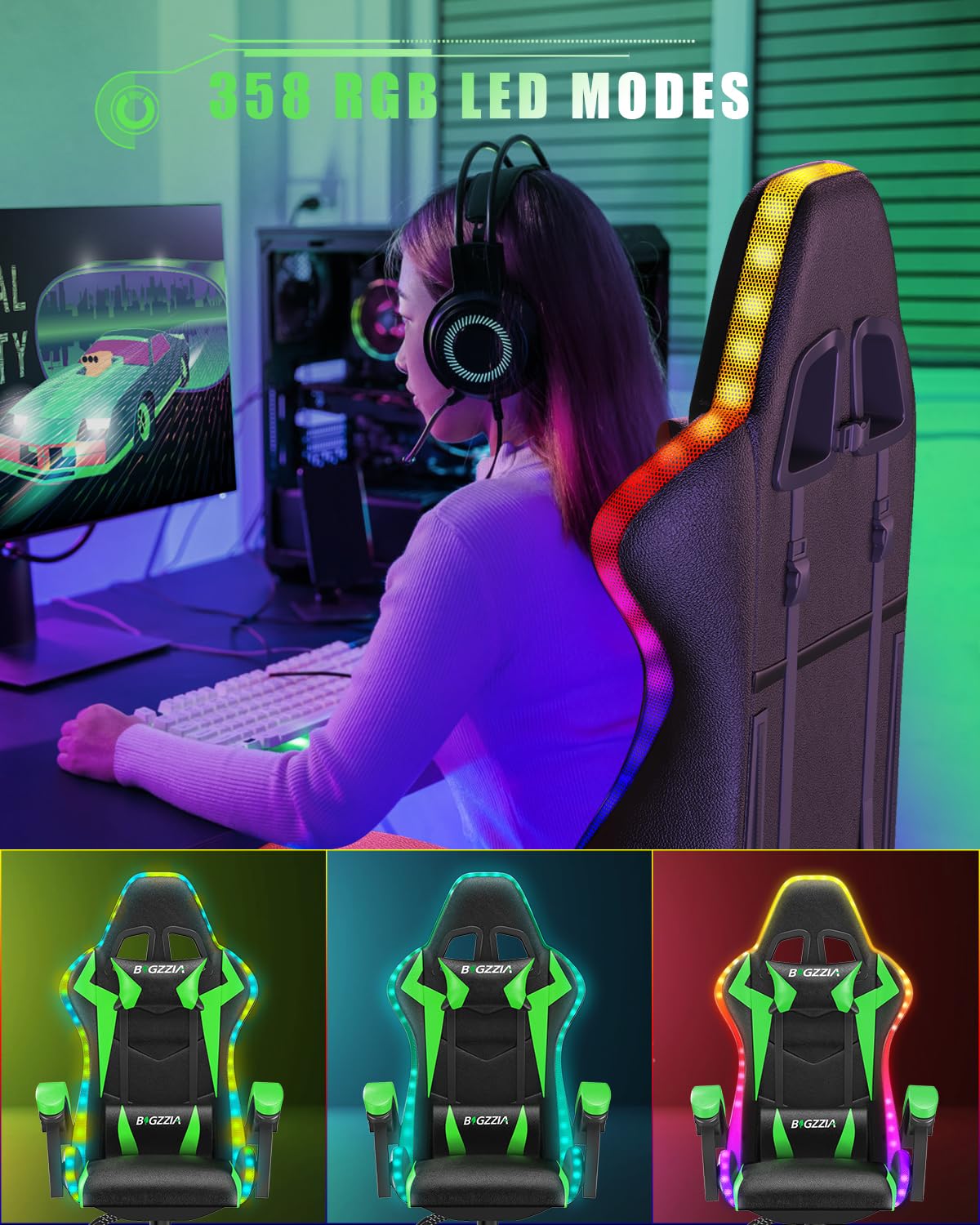 Racingreat Gaming Chair with Led Lights, Video Game Chair, Ergonomic RGB Gaming Chair for Adults, Height Adjustable Reclining Computer Chair with Headrest and Lumbar Support (With RGB, Black)