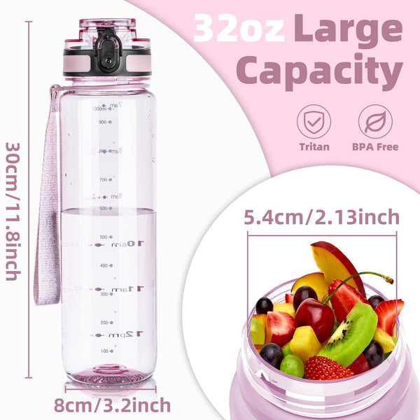 OLDLEY 1L/32oz Sports Water Bottle, 1000ml Motivational Drinks Bottle with Time Markings Leak Proof Drink & Lock Cover & No Straw, BPA Free for Adults Women Men Gym School Cycling Running Hiking