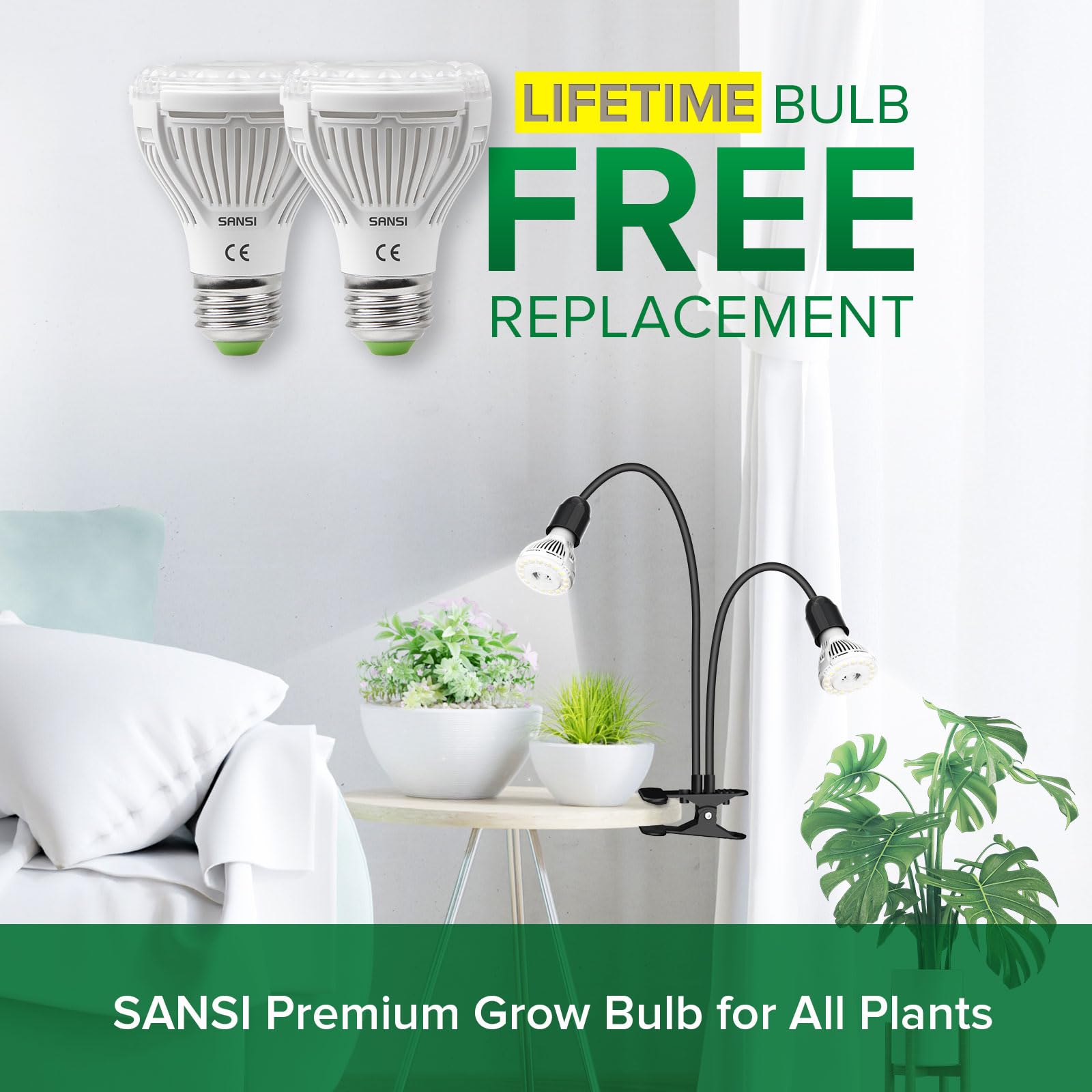 SANSI 300W LED Grow Lights for Indoor Plants with Lifetime Free E27 Grow Bulb Replacement, Full Spectrum Doule Gooseneck Clip Plant Grow Lamp with