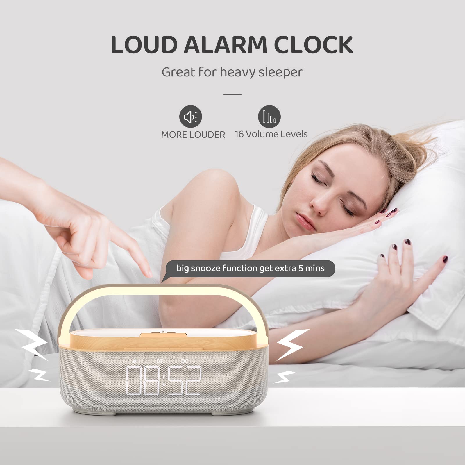 COLSUR Radio Alarm Clock Bluetooth Speaker, 15W Wireless Charger Alarm Clocks Bedside, Night Light, Loud Volume for Heavy Sleepers, Snooze, Dimmable LED Display, 2500mAh Battery