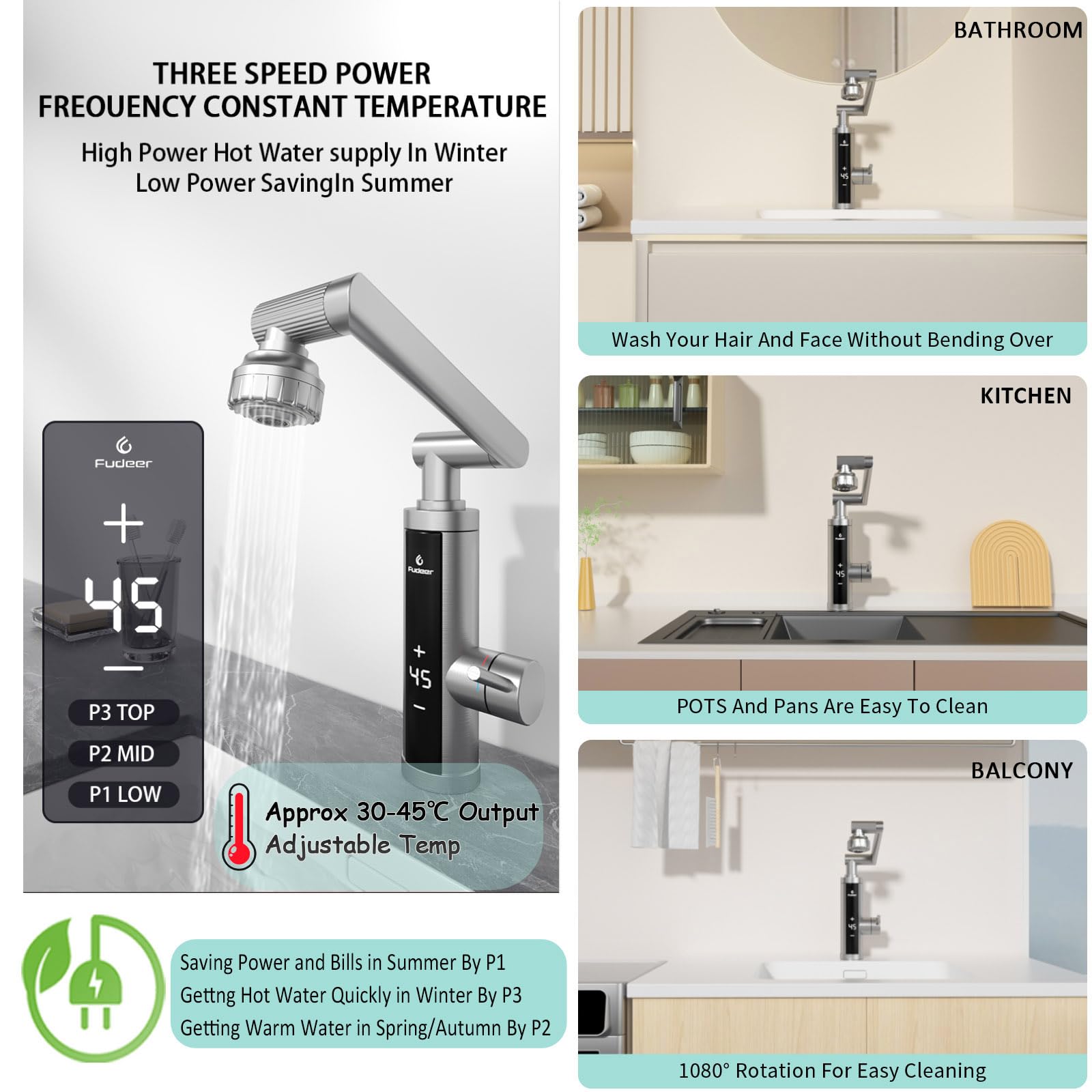 Electric Hot Water Tap for Bathroom, Instant Hot Water Heated Tap for Kitchen, Stainless Steel Water Heater Tap Supply Hot and Cold Water Faucet with Digital Display (Mechanical Spout)