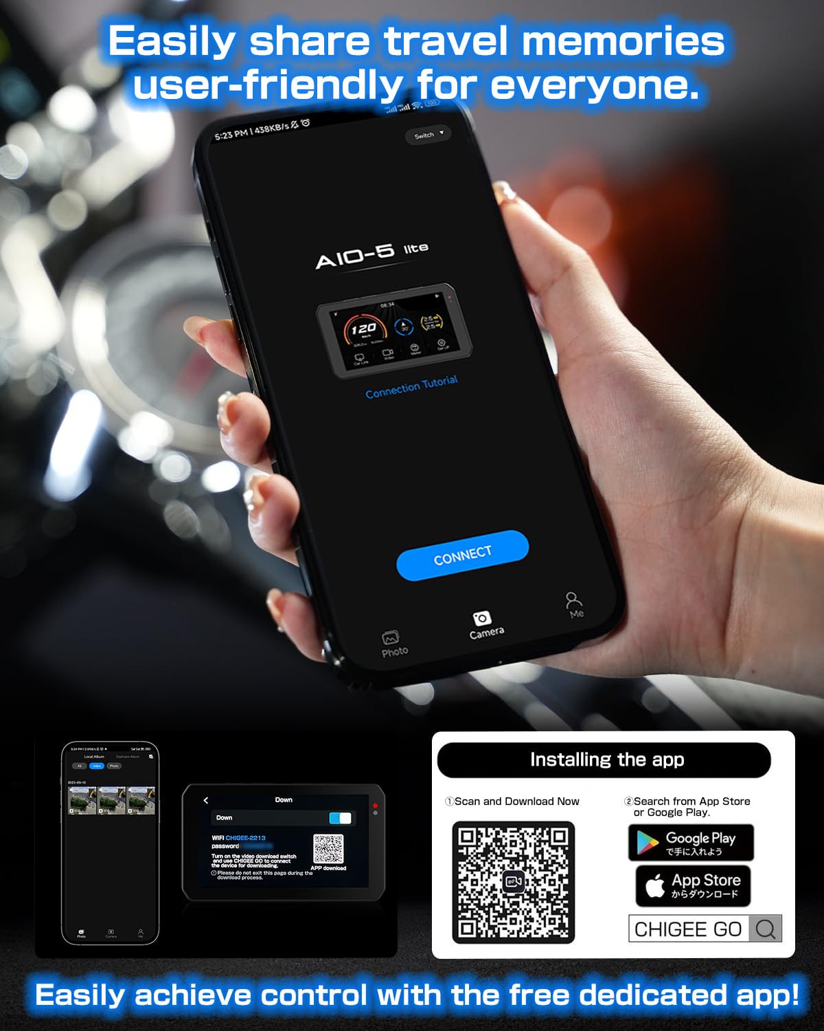 AIO-5 Lite Motorcycle Carplay Android Auto GPS Navigation System, BSD, STARVIS HDR 5" LCD, 60FPS,5G Wi-Fi BT, IP67 Waterproof, Support Siri Google Assistant, 24H Parking Mode, Dedicated App