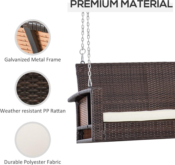 Outsunny 2 Seater Rattan Garden Swing Chair, Porch Swing Bench Loveseat with Cushion, Wicker Outdoor Hanging Swinging Seat with 2 Metal Chains, 250 KG Capacity for Patio, Balcony, Cream White