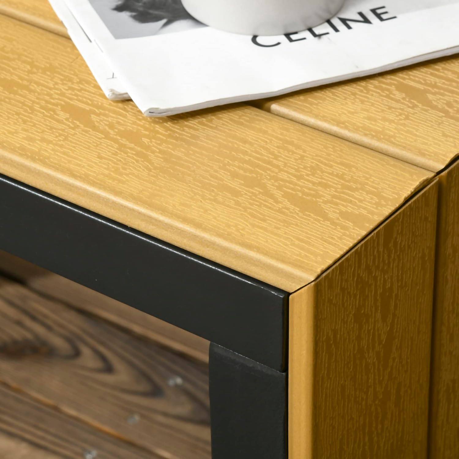 Outsunny 3 Pieces Patio Furniture Set, Outdoor Garden Sofa Conversation Set w/Padded Cushions, Wood Grain Plastic Top Table and Side Panel, Dark Grey