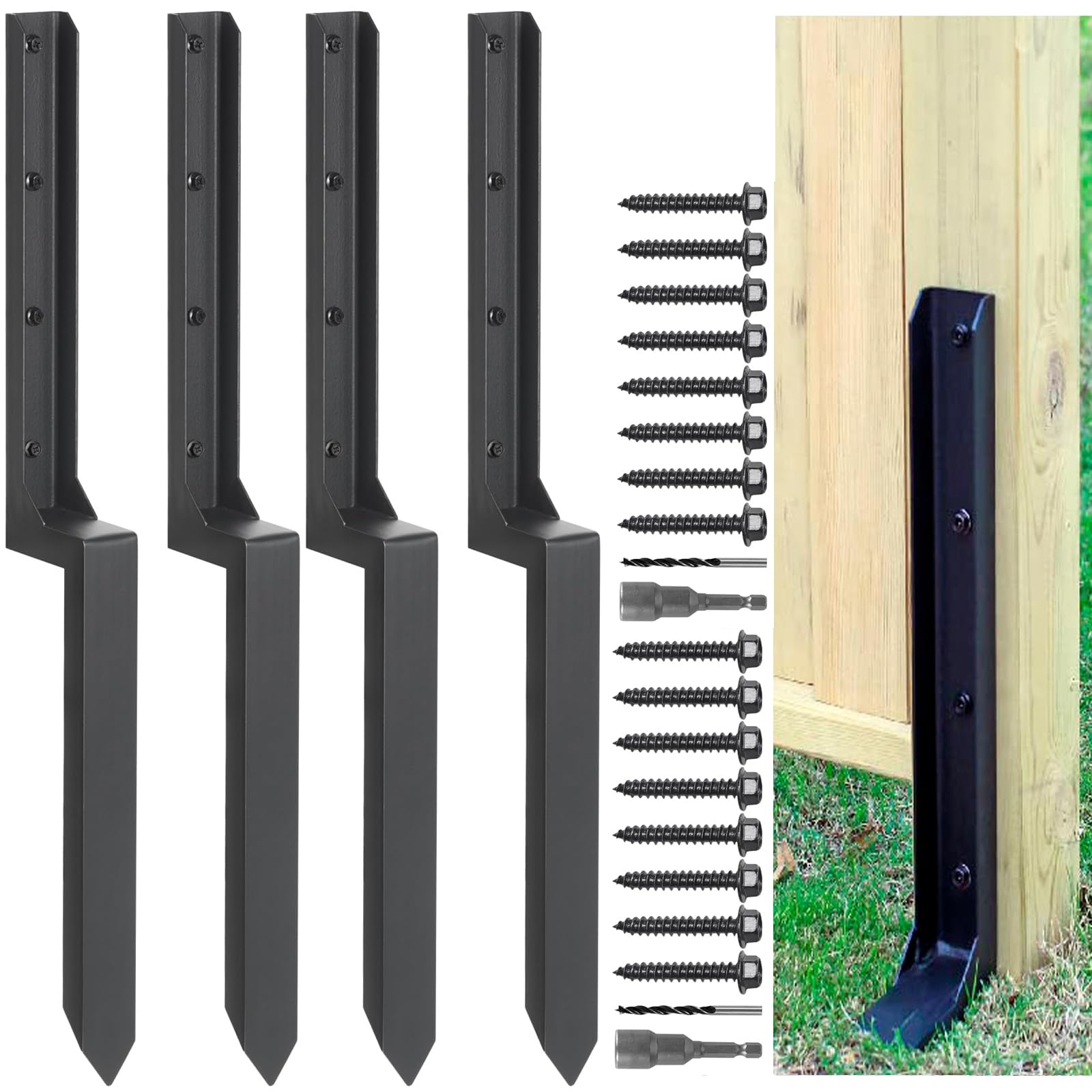 Fence Post Repair Spike - 2 Pack Heavy Duty Fence Post Support Ground Spike for Tilted or Broken Wooden Fence Posts, Durable Garden Fencing Solution