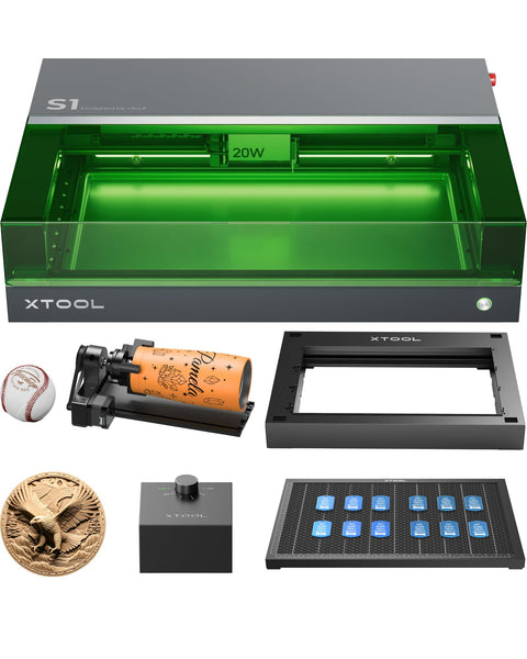 xTool S1 20W Engraving Machine with Riser Base & Honeycomb Working Sheet & Air Assit & RA2 Pro, Auto Focus, Enclosed Engraver and Cutter for Wood and Metal, Class I Safety CNC Machine