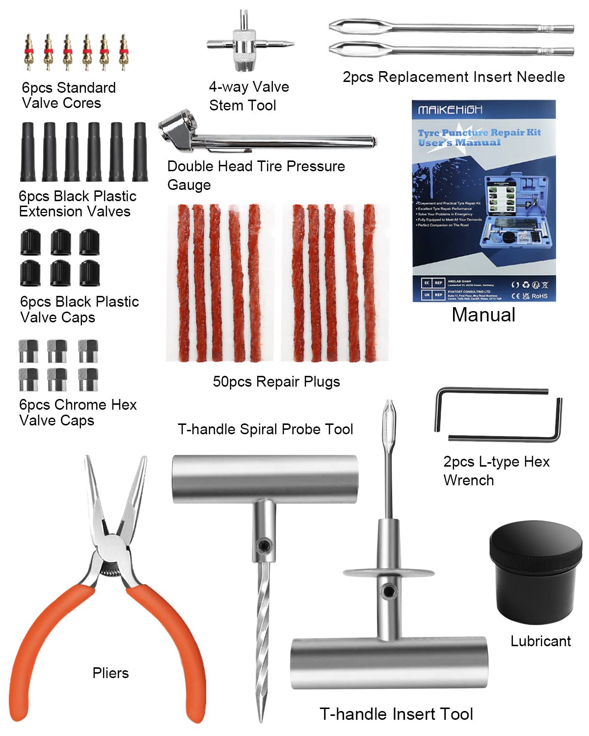 MAIKEHIGH Heavy Duty Tyre Puncture Repair Kit, 69Pcs Tubeless Car Tyre Plug Set for Auto, ATV, Truck, Tractor, Motorcycle, Off-Road (Blue)