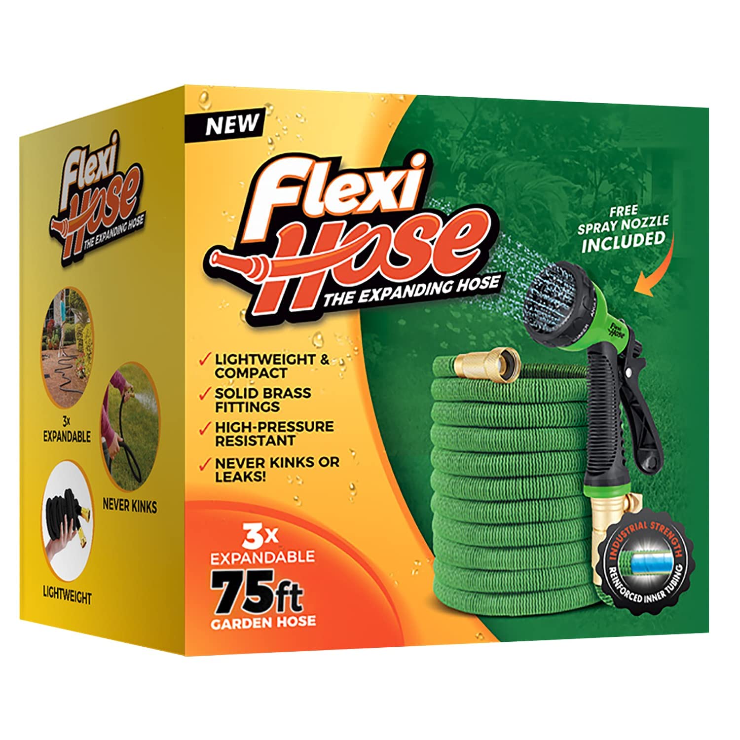 Flexi Hose Expandable Garden Hose - 75FT Heavy Duty Water Hose, Retractable Hose with 2cm Brass Fittings - Expandable Hose Design Includes Spray