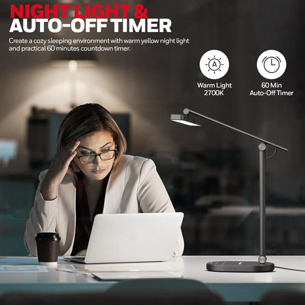 Honeywell LED Desk Lamp for Home Office - H4 Sunturalux™ Eye-Caring Desk Light, 14W Dimmable Table Lamp with 3 Color Modes, 5 Brightness Levels, Auto-Dimming, Timer, Touch Control Reading Lamp, White