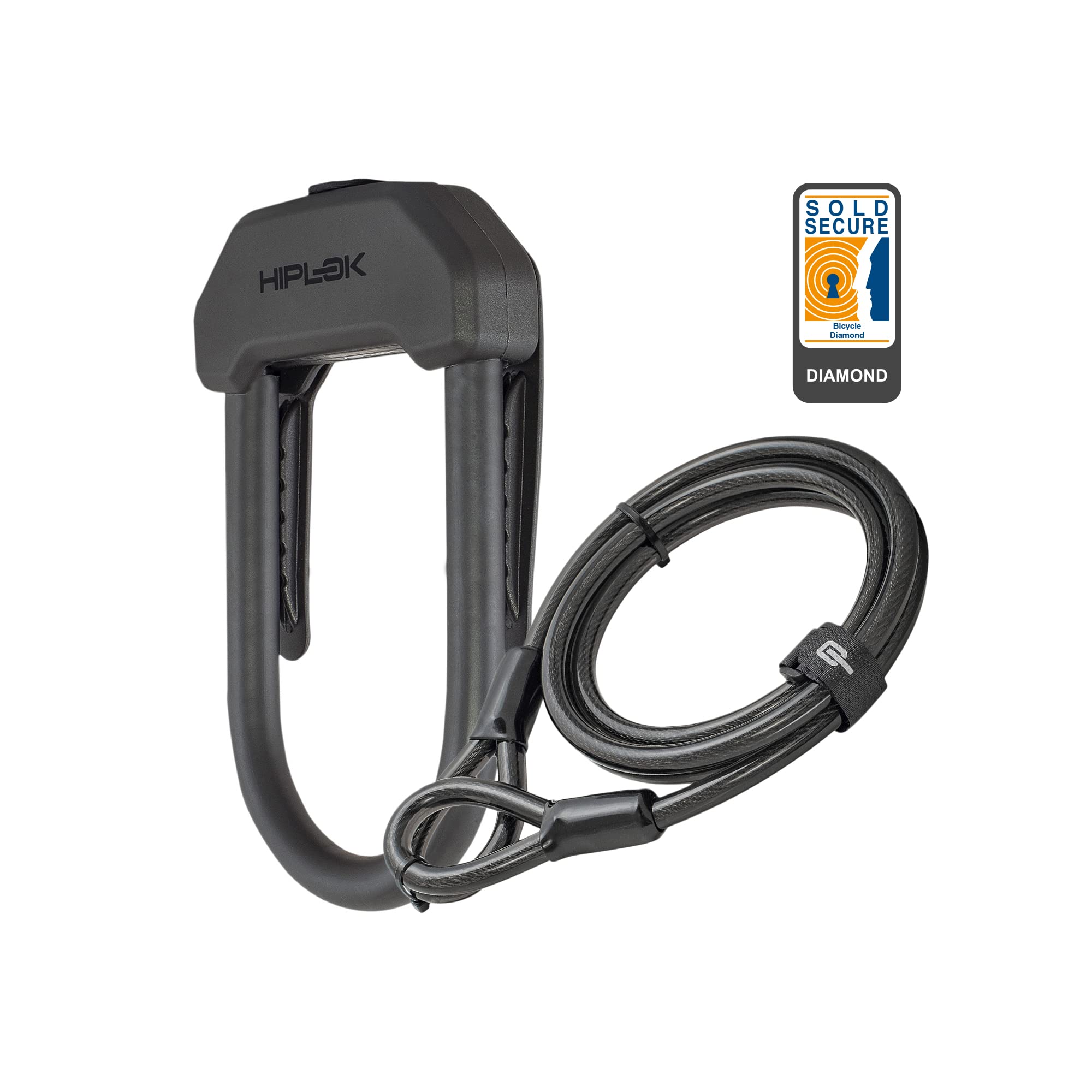 Hiplok DX+ Bike D Lock (15cm x 8.5cm) with a 2m Steel Cable - Black. 3 Keys Included. Sold Secure Powered Gold & Pedal Diamond Bike/Bicycle D Lock