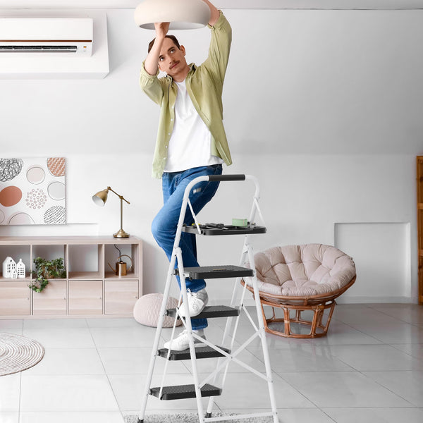 BONTEC 4 Step Ladder Folding, Heavy Duty Foldable Step Stool with Wide Anti-Slip Pedals, Sponge Handrail and Tool Tray, Portable Household Ladder 150kg Capacity, Compact Collapsible Indoor Ladder