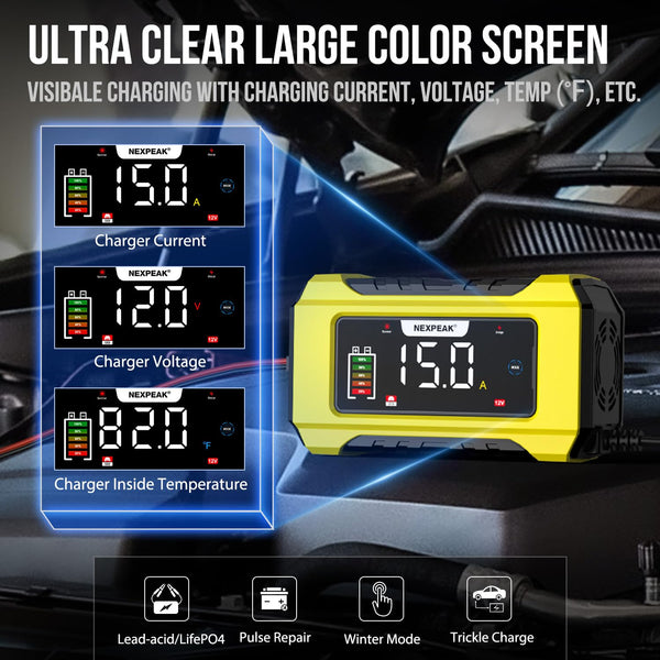 15A Car Battery Charger, 12V 15A/24V 8A Smart Fully Automatic Battery Charger with Temperature Compensation for Car Truck Motorcycle Marine Lead Acid Batteries and LiFePO4 Batteries