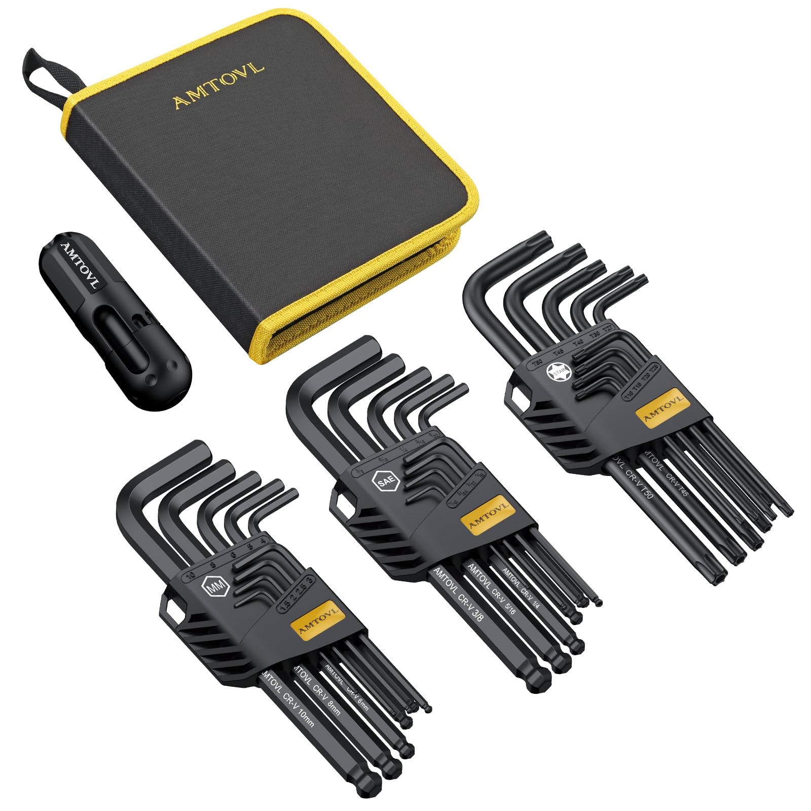 AMTOVL Hex Keys Set, 27PCS Allen Key Set & Star Key Set, Magnetic S2 Steel Metric Imperial Extra Long Ball End Hex Key Set with Color Coding with T-Handle for Bicycle Repair Household DIY