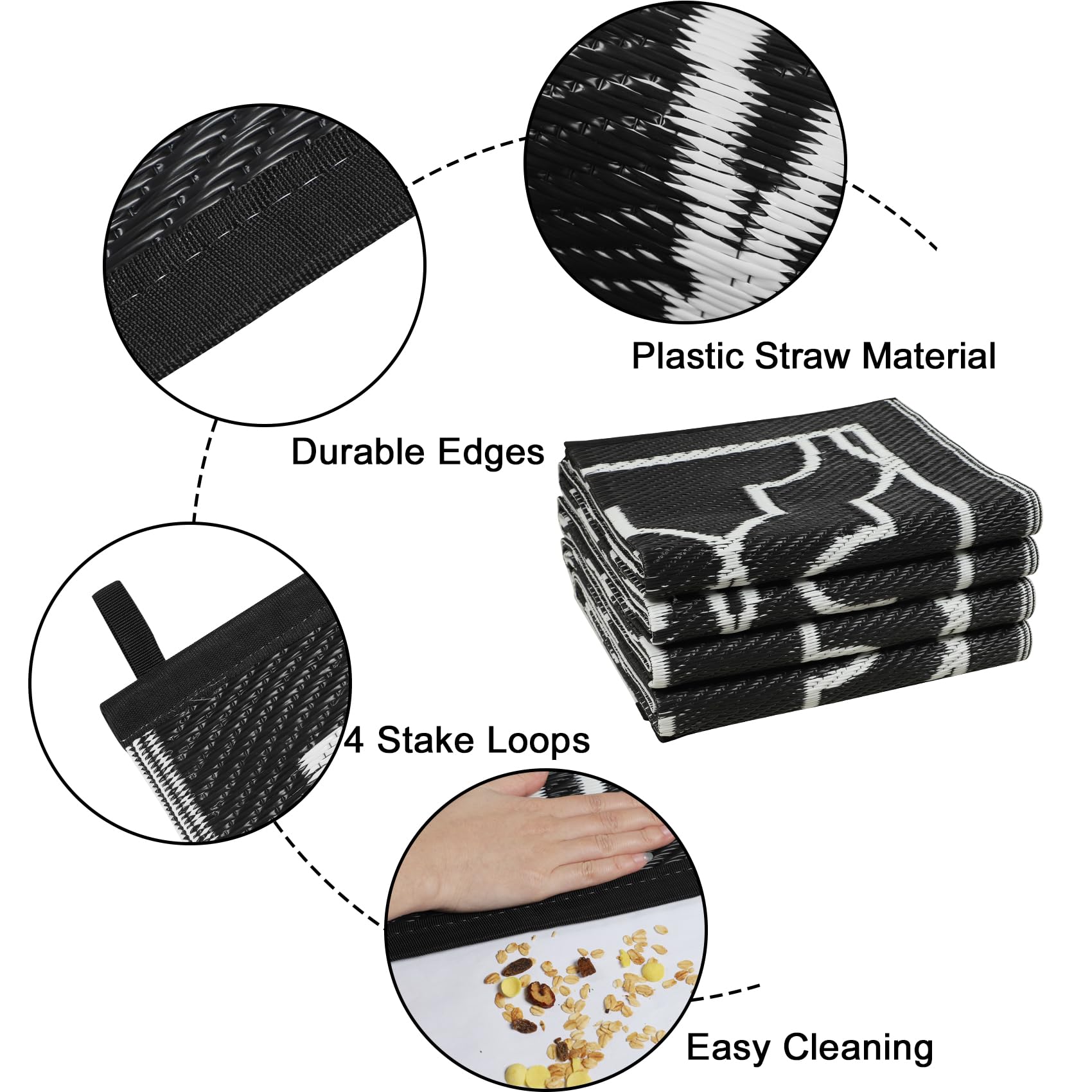 Cekene Large Outdoor Rug Waterproof Black 245x305cm Patio Rugs Reversible RV Camping Mat Lightweight Plastic Portable Outdoor Carpet for Picnic Porch Deck Backyard BBQ Beach