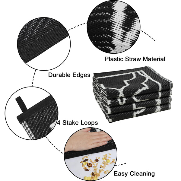 Cekene Large Outdoor Rug Waterproof Black 245x305cm Patio Rugs Reversible RV Camping Mat Lightweight Plastic Portable Outdoor Carpet for Picnic Porch Deck Backyard BBQ Beach