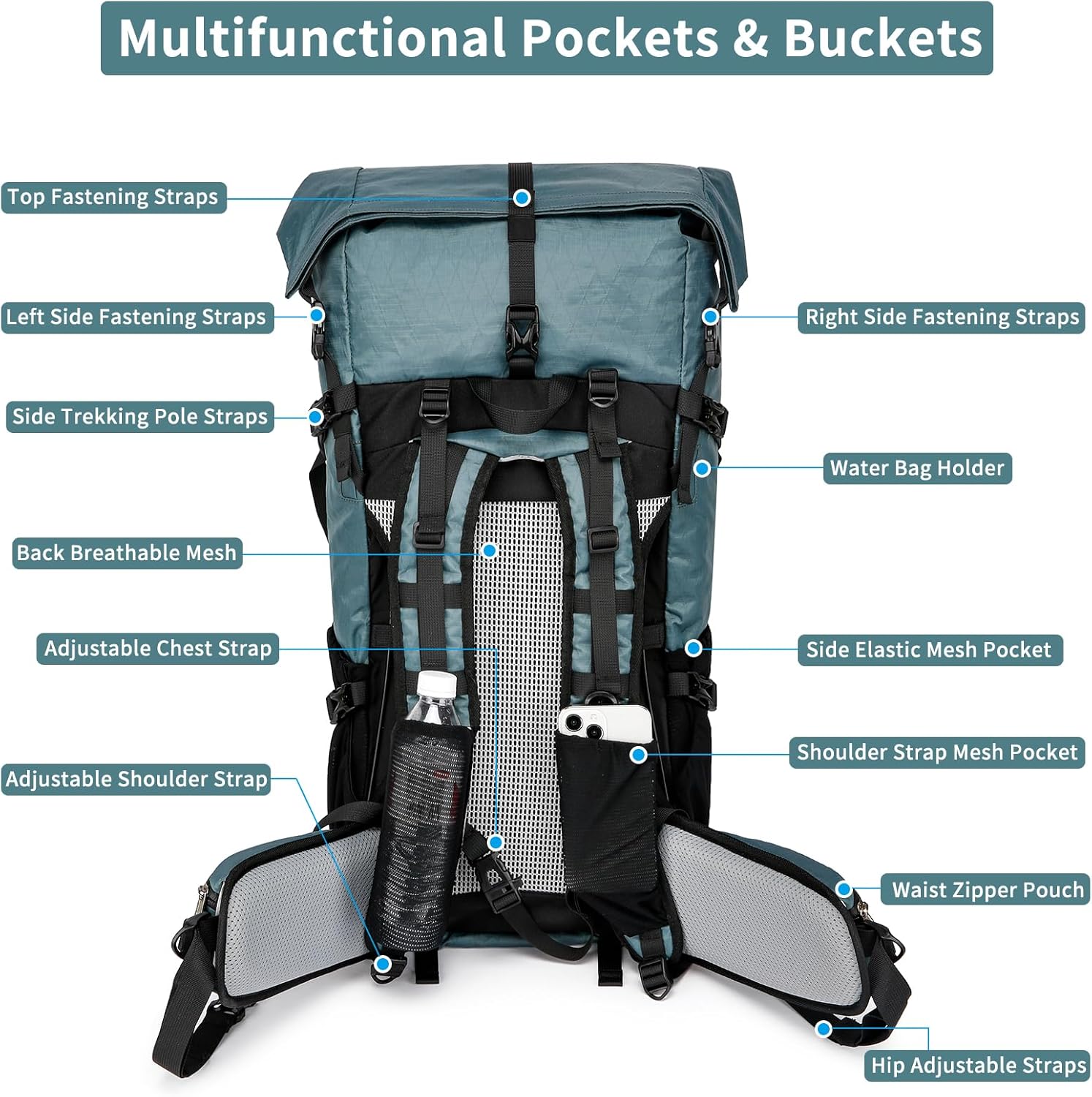 POWER KING 40L Expandable TO 50L Hiking Backpack,Upgraded X-PAC Scratch-proof Lightweight Large Rucksack for Mens Women, Outdoor Roll Top Camping Packsack, Fit for 15.6'' Laptop