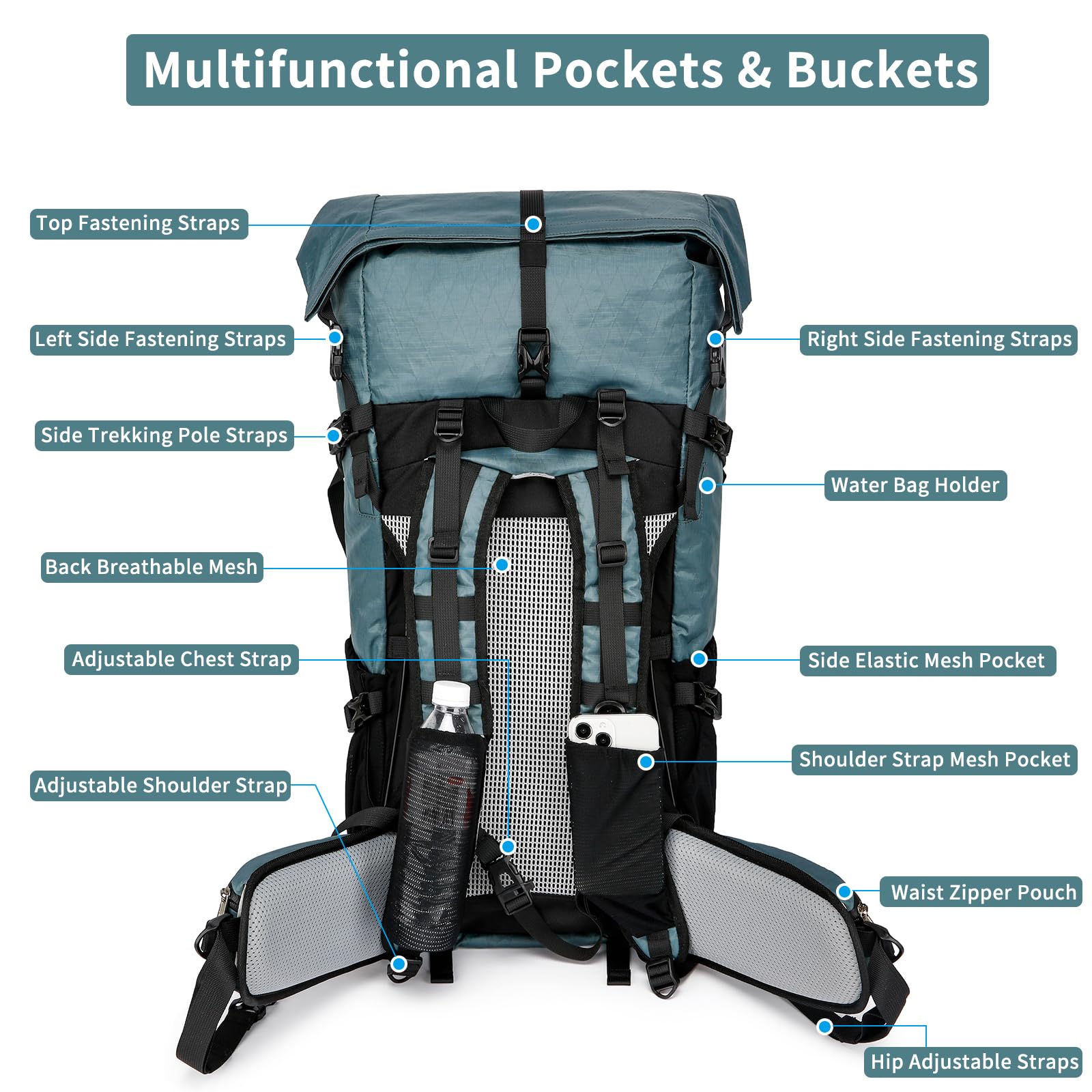 POWER KING 40L Expandable TO 50L Hiking Backpack,Upgraded X-PAC Scratch-proof Lightweight Large Rucksack for Mens Women, Outdoor Roll Top Camping Packsack, Fit for 15.6'' Laptop