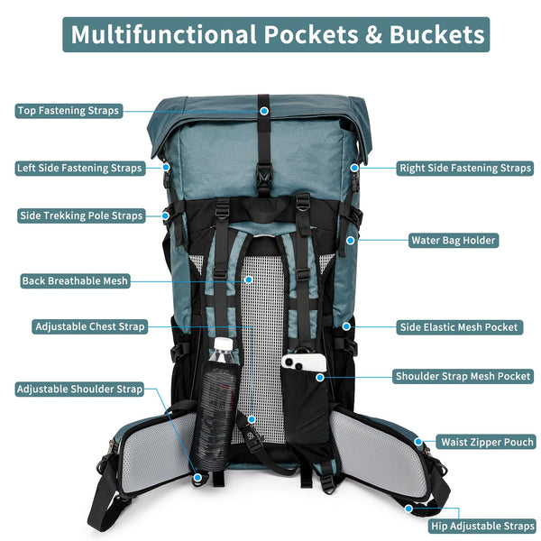 POWER KING 40L Expandable TO 50L Hiking Backpack,Upgraded X-PAC Scratch-proof Lightweight Large Rucksack for Mens Women, Outdoor Roll Top Camping Packsack, Fit for 15.6'' Laptop