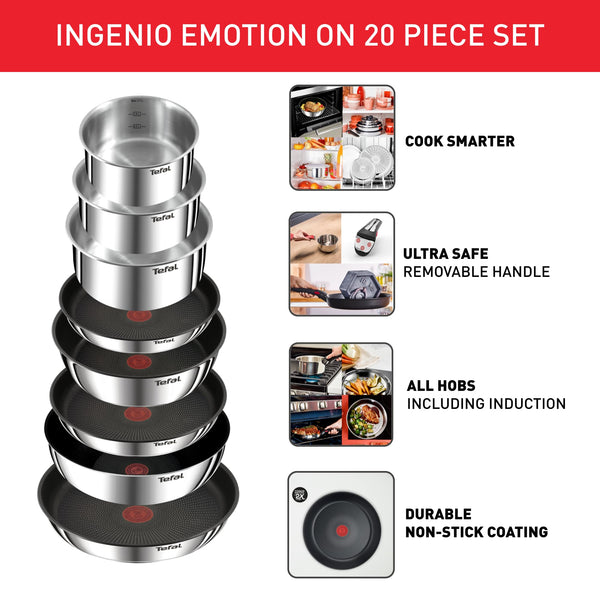 Tefal Ingenio Detachable Handle Pan 20pcs, Stainless Steel, Compact, Compatible with All hobs Induction & Oven, 2-in-1 Pans and bakeware Set, Stackable cookware Set Ideal for Small Kitchen storages