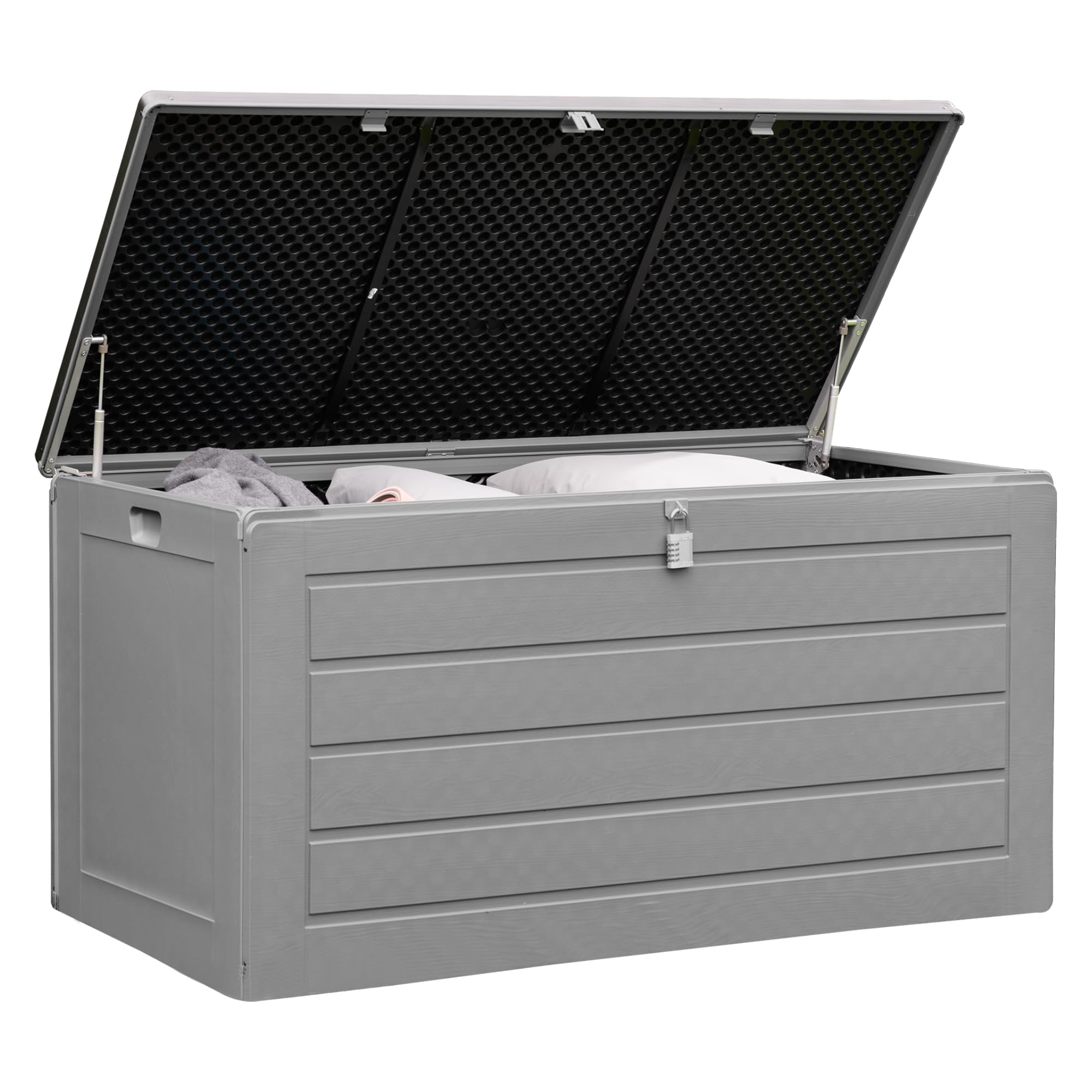 Olsen & Smith 680L Large Garden Storage Box - Weather Resistant Heavy Duty Garden Box with Padlock & Wood Effect - Huge Capacity Outdoor Storage Chest for Tools, Cushions, Toys & More (Anthracite)