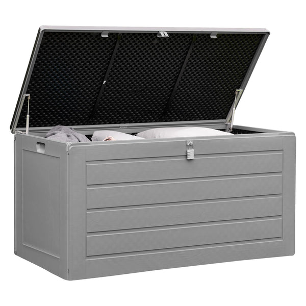 Olsen & Smith 680L Large Garden Storage Box - Weather Resistant Heavy Duty Garden Box with Padlock & Wood Effect - Huge Capacity Outdoor Storage Chest for Tools, Cushions, Toys & More (Anthracite)