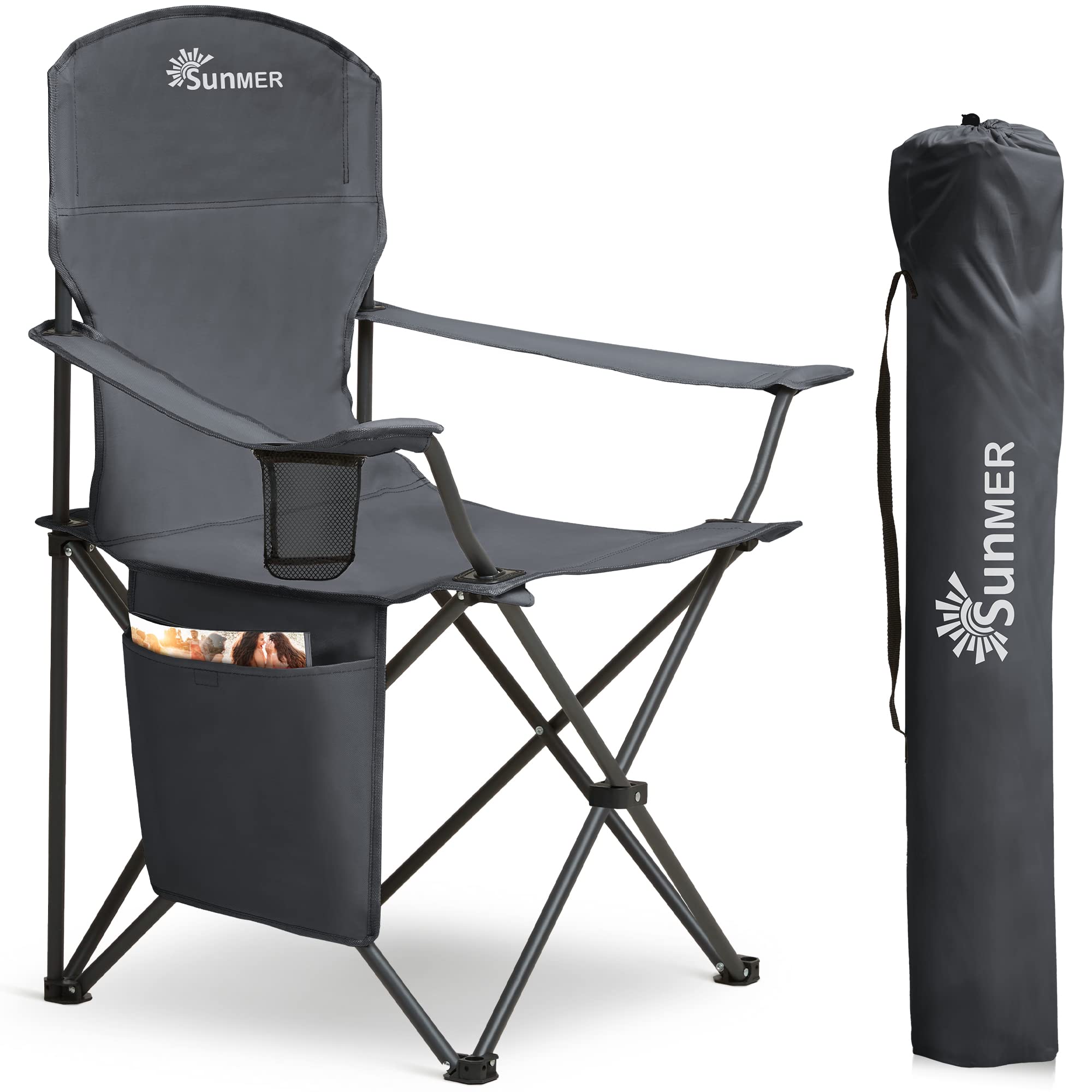 SUNMER Set of 2 Folding Camping Chairs, Extra-Wide Lightweight Outdoor Chairs with Armrests, Cup Holder and a Side Pocket, 120kg Capacity per Chair - Black
