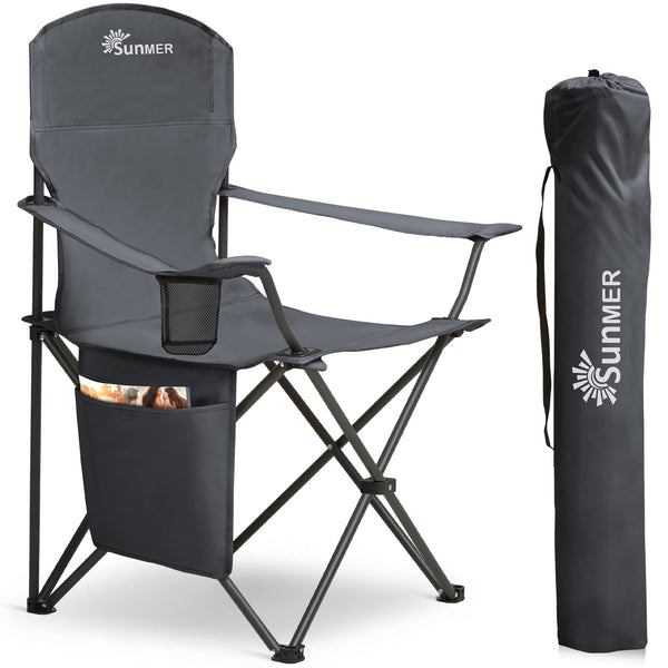 SUNMER Set of 2 Folding Camping Chairs, Extra-Wide Lightweight Outdoor Chairs with Armrests, Cup Holder and a Side Pocket, 120kg Capacity per Chair - Black