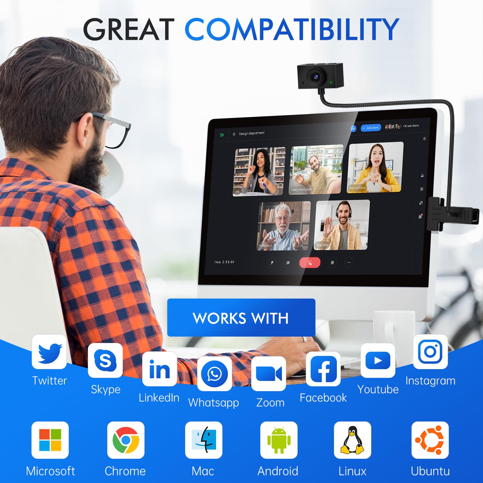 Danyesth Webcam for PC, Laptop Camera USB Webcam with Adjustable Gooseneck, Eye Contact 1080P Computer Camera for Presentation, Desktop Demo, Full-Body View, Video Call, Zoom, Teams, Skype (Black)