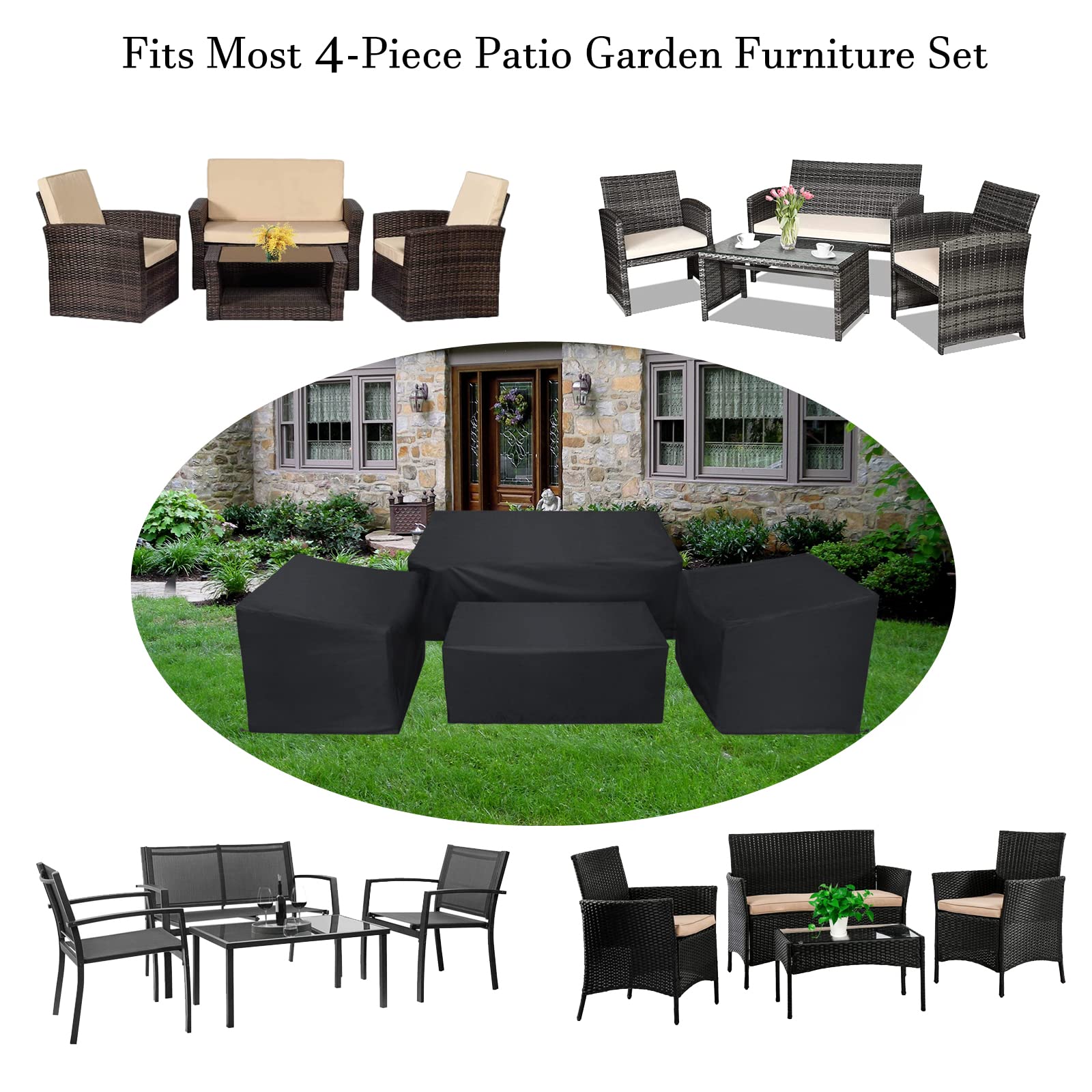 WISCLASS Patio Furniture Covers,4-Piece Outdoor Garden Covers,Waterproof 420D Heavy Duty Set covers Windproof?Durable Fade Rip Resistant Black