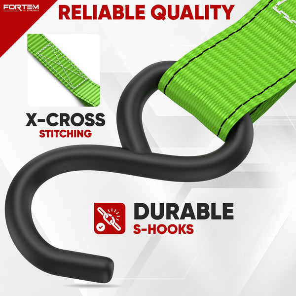 FORTEM Ratchet Straps, 748kg Break Strength, 4 Pack 4.6m x 2.54cm Tie Down Strap Set, 4 Soft Loops, Motorcycle Straps Tie Downs, Cargo Cam Buckles, Rubber Handles, Carry Bag