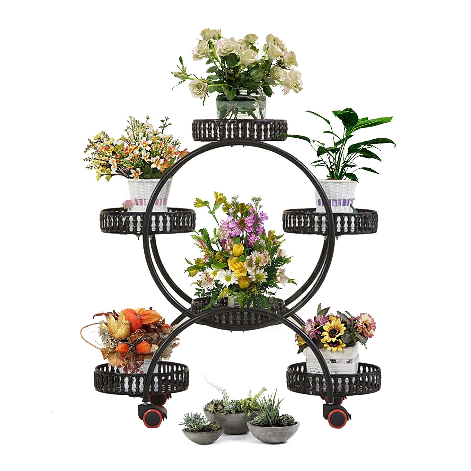 KOLENSA Metal Plant Stand with Wheels, 4 Tier 6 Potted Indoor Outdoor Flower Stand Rack Plant Shelf for Patio Decor, Garden, Balcony, Room, Office Use