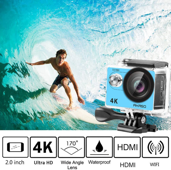 AKASO EK7000 Action Camera Floating Hand Grip Bundle - Includes 4K30FPS EK7000 Underwater Camera, Floating Hand Grip, 2 Batteries, Carrying Case, and Accessory Kits