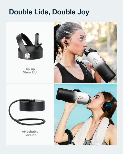 Stainless Steel Water Bottle 2L, BUZIO Vacuum Insulated Water Bottle with Straw Lid and Flex Cap Cold for 48 Hrs, Hot for 24 Hrs Double Wall Wide Mouth BPA Free Leak Proof, Black