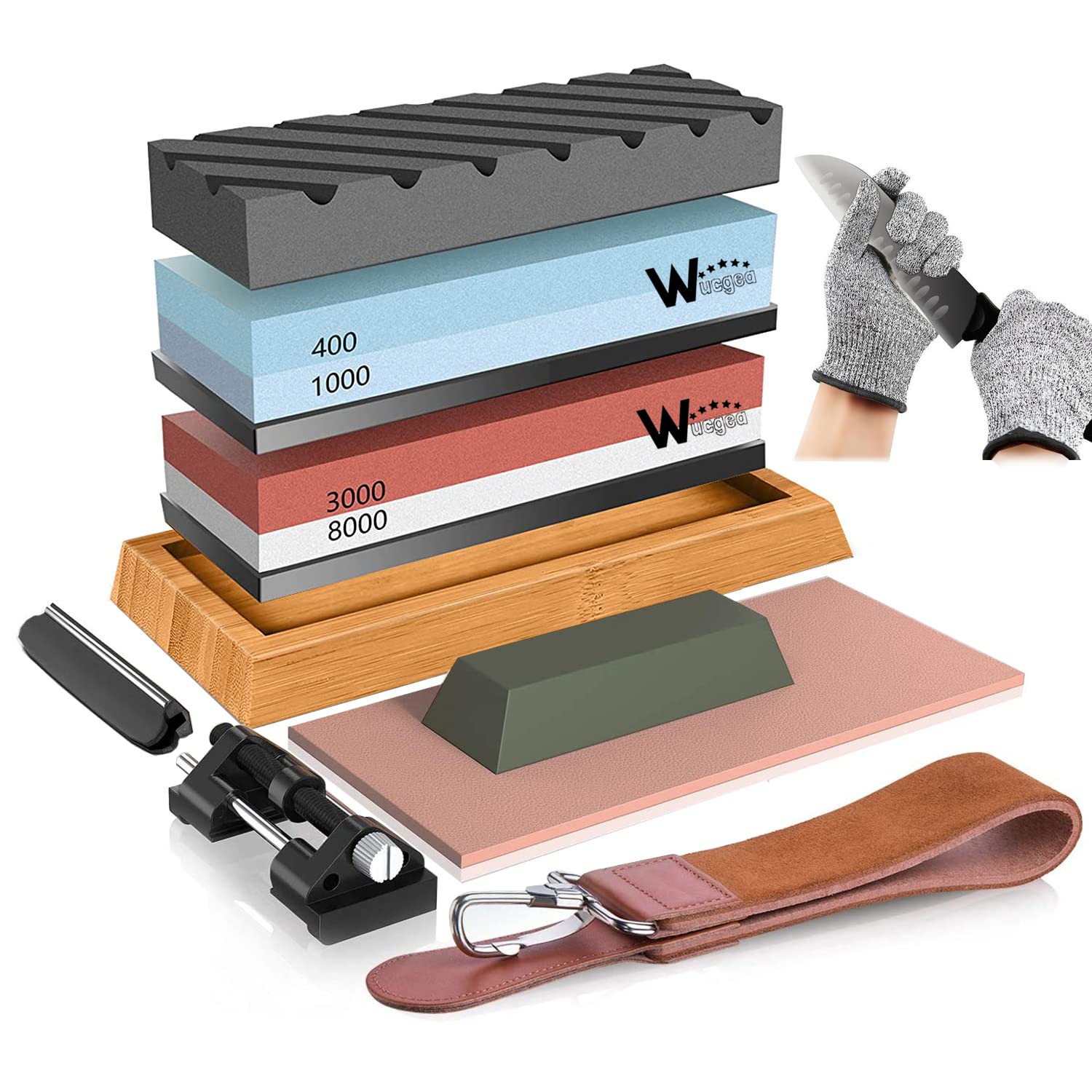Professional Knife Sharpeners kit  400/1000 3000/8000 Grit Whetstone Knife Sharpener Set with Non-Slip Rubber Base, Angle Guide, Flattening, Leather