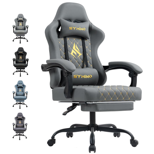 Symino Gaming Chair with Footrest, Computer Ergonomic Video Game Chair, Adjustable Swivel Task Chair with Lumbar Support, PC Chair, Office Chair PU Leather, Grey&White