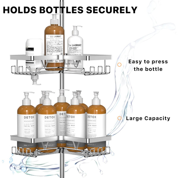 Kegii Telescopic Shower Caddy Corner - Stainless Steel Shower Shelf No Drilling Bathroom Caddy with Soap Holder and Hooks(White), On The Bath or Stand Up Shower