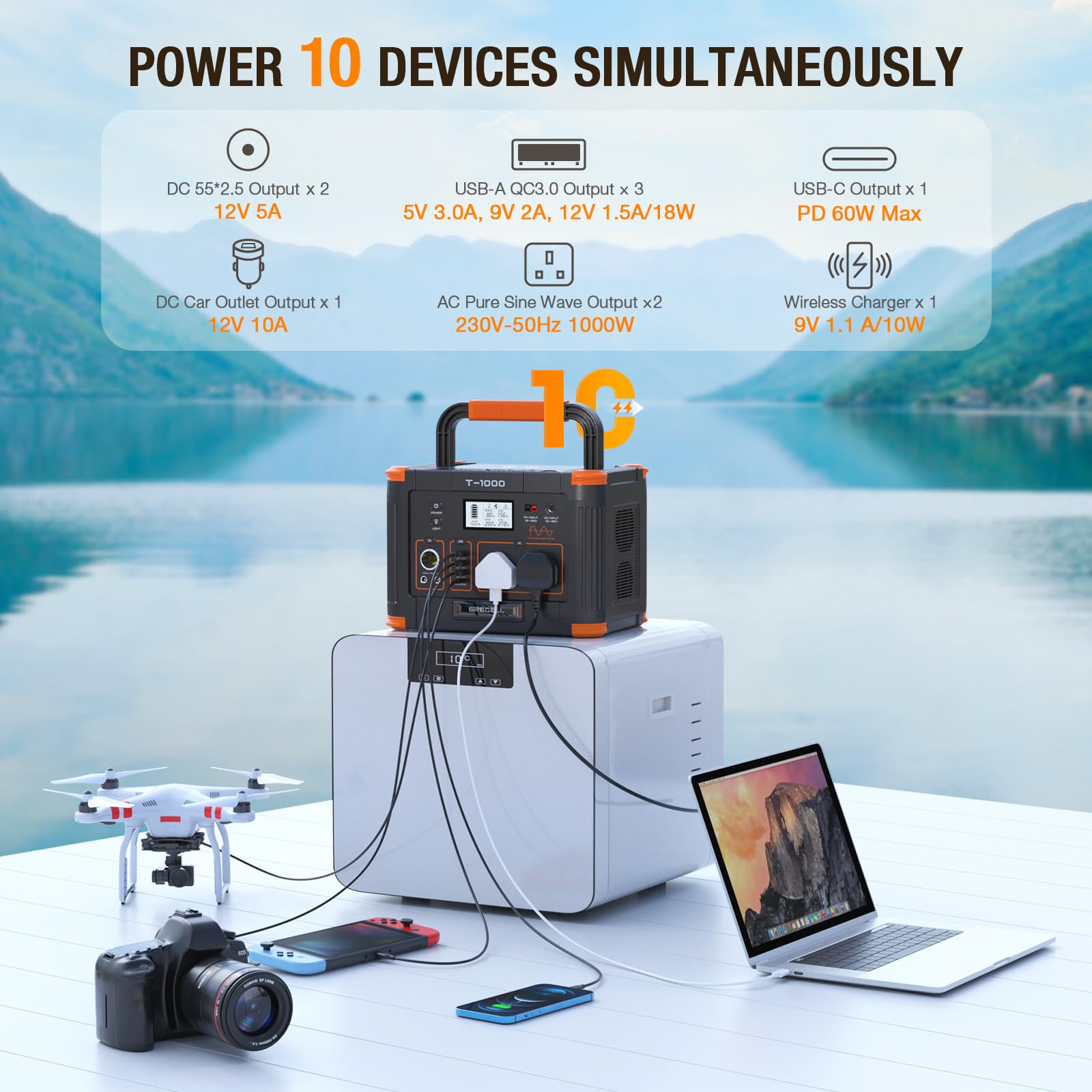 GRECELL Portable Power Station 500W(Peak 1000W), 519Wh Outdoor Solar Generator Backup Battery Pack with 2 230V AC Outlets, 500W 10-Port Powerhouse for RV/Van Camping Road Trip Home Emergency, T-500