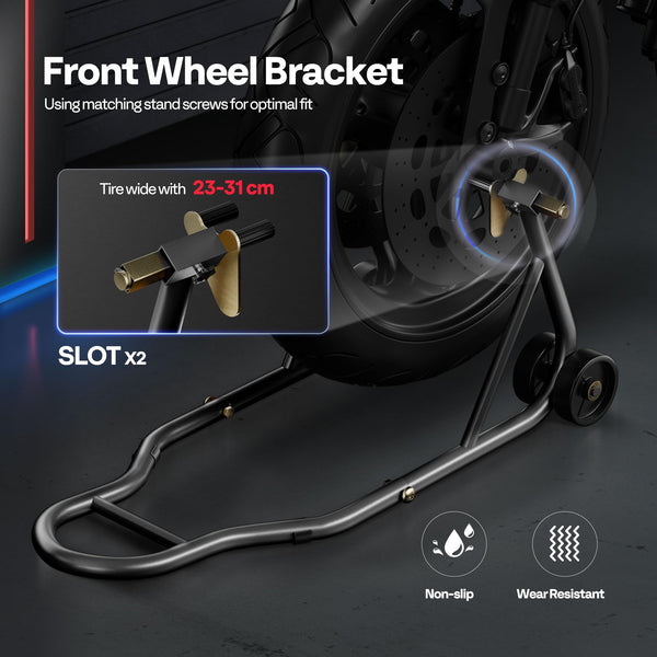 SPECSTAR Motorcycle Paddock Stand Combo 400kg Capacity Front and Rear Wheel Lift with U & L Fork Adjustable Swingarm Spool Stands for Motorbike Garage Repair Use Scissor Stand with 4 Wheels